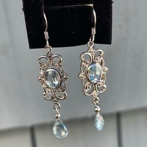 Vintage Style Blue Clear Crystal Dangle Earrings hooks 925 silver boho